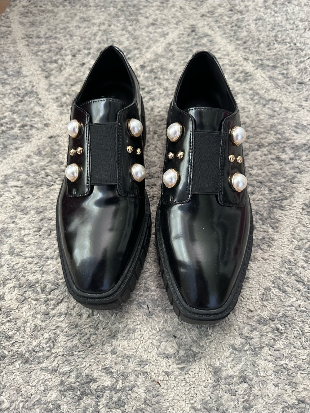 Karl Lagerfeld Black Patent Raza Loafers Pearl-Embellished